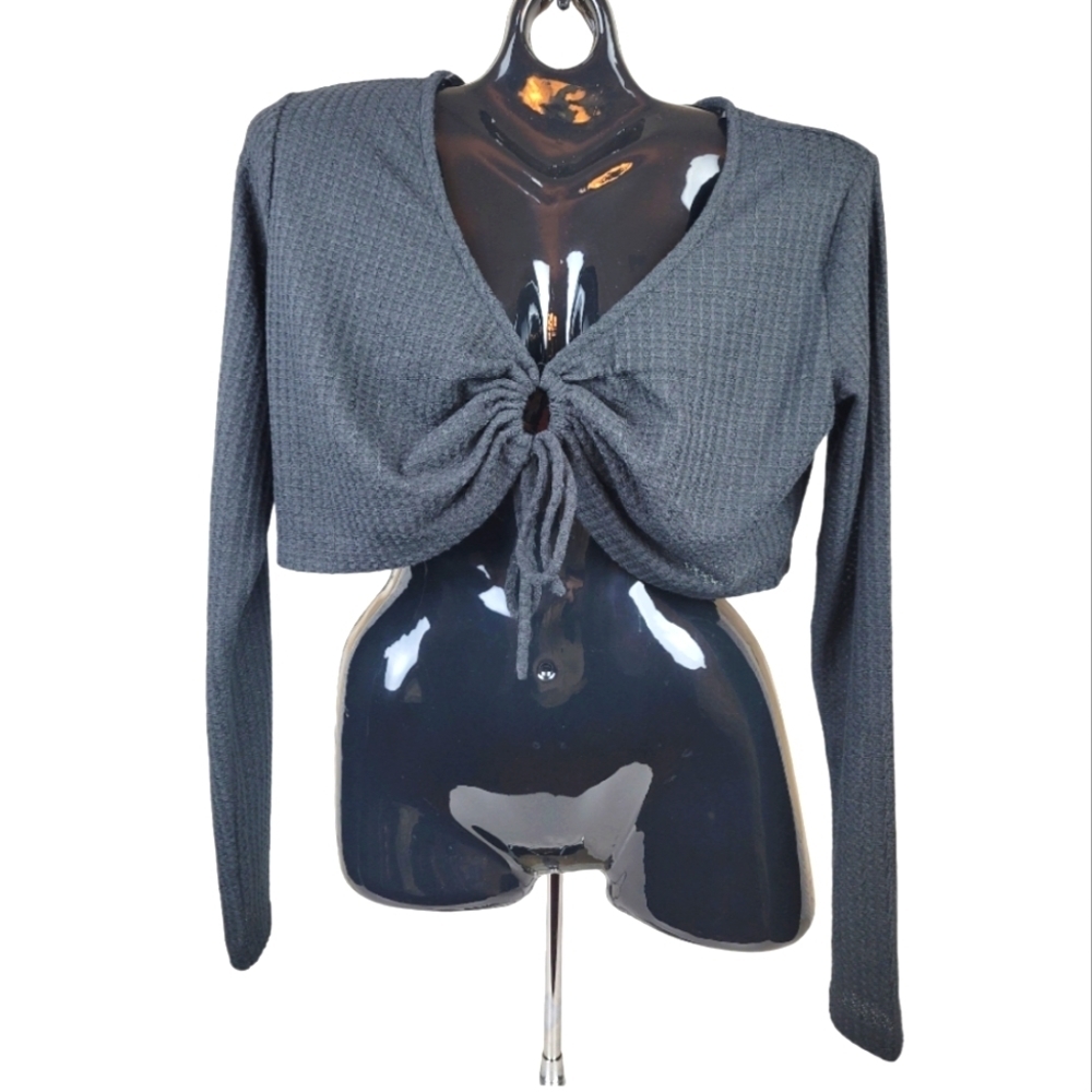 **NWT** ELODIE Waffle Knit Front Tie Long Sleeves V-neck Crop Top/Blouse Goth